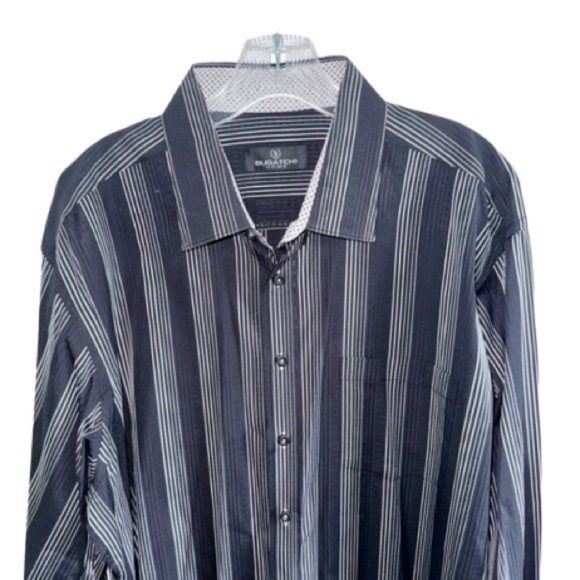 Bugatchi Uomo Black White Striped Flip Cuff Cotton Button Up Shirt XXL Pocket - Picture 11 of 11